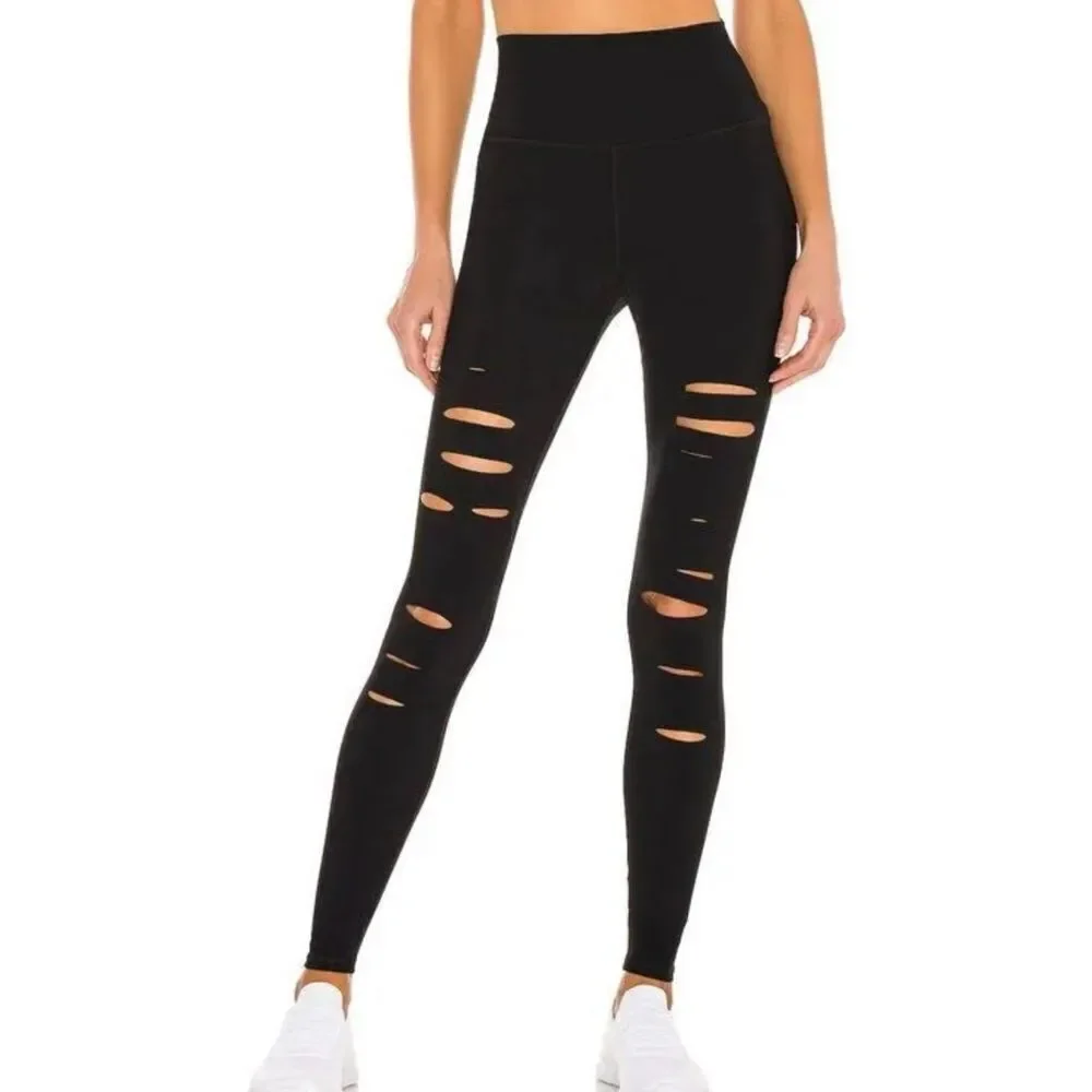Alo High-Waist Ripped Warrior Legging Black Size Small